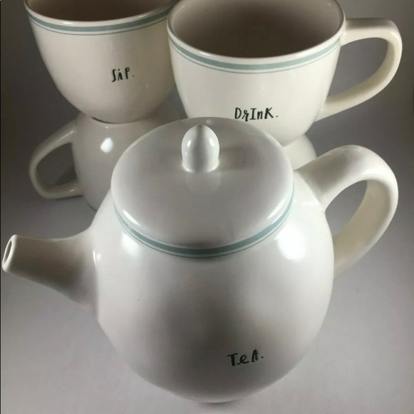 RAE DUNN ~ FARMHOUSE Teapot & 4 Matching Teacups - Picture 1 of 3